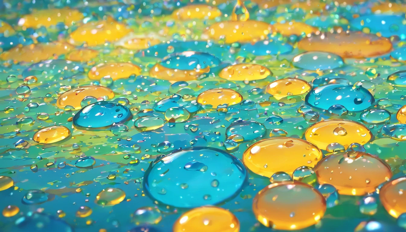 an abstract shot of water droplets on a vibrating surface, with multiple droplets creating unique and unpredictable patterns, showcasing the chaos and beauty that arises from the influence of vibration on water