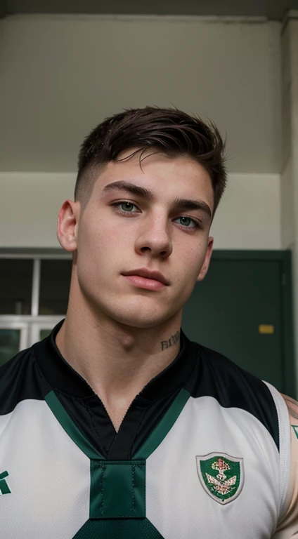 Young white man rugby, 18 years old, military haircut, black hair, intense green eyes fixed, intense gaze, affiliated features, no facial hair, height 1.93, weight 90 kg, muscular build, broad shoulders, V-shaped body, sleeve tattoo in the arm, full body focus, completely hairless,