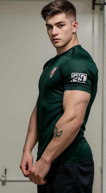 Young white man rugby, 18 years old, military haircut, black hair, intense green eyes fixed, intense gaze, affiliated features, no facial hair, height 1.93, weight 90 kg, muscular build, broad shoulders, V-shaped body, sleeve tattoo in the arm, full body focus, completely hairless,