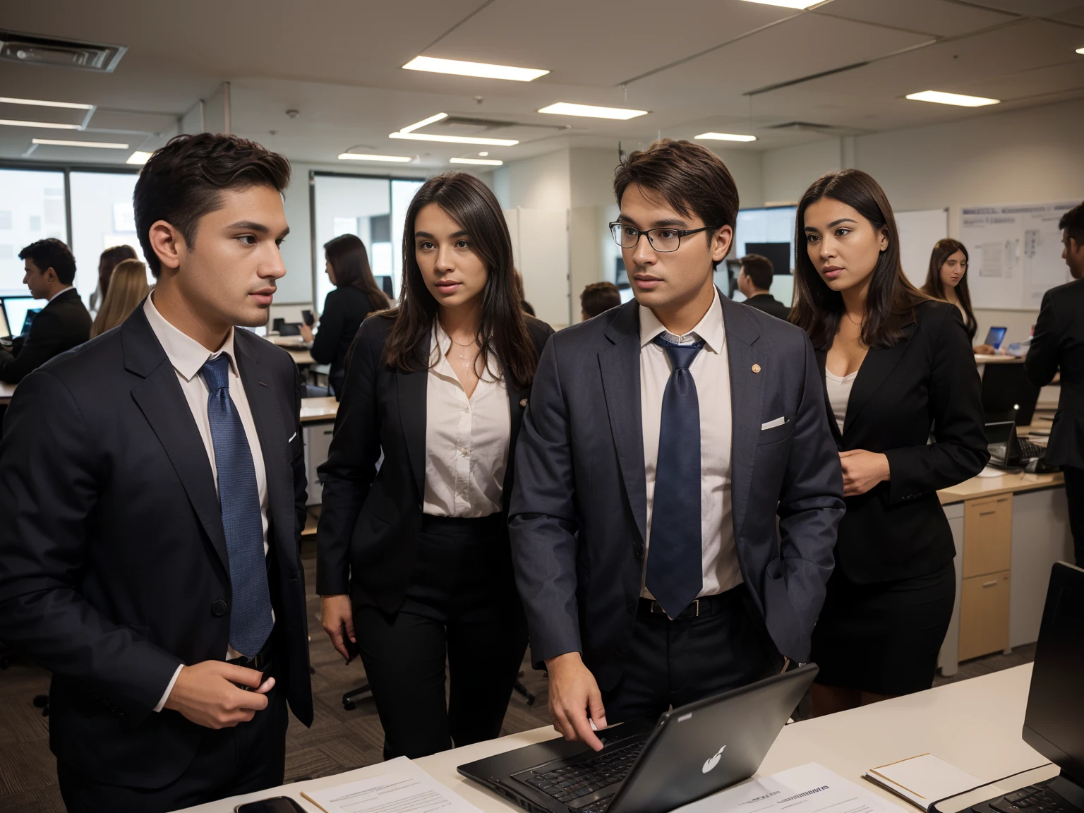 (business, office, company, work, meeting of a team of people (men in jackets and ties), company management, team, economics, meeting, project presentation)(office equipment, computers, office equipment, modern buyro