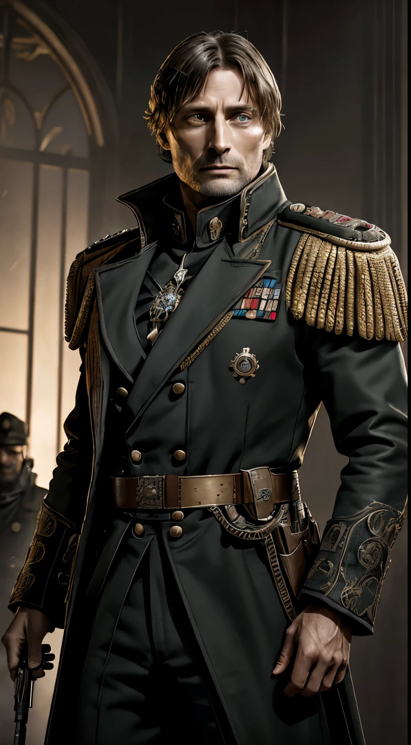 Generate a high-resolution, impeccably detailed image of actor Mads Mikkelsen in the Warhammer 40k universe, portraying him as a mercenary king adorned in an elaborate commissar-inspired attire. Ensure the visual richness of the attire, blending the ornate design with the militaristic essence of the Warhammer 40k setting. Capture Mads Mikkelsen's presence as a commanding ruler, exuding both regal authority and the battle-hardened demeanor of a leader navigating the grim challenges of this dystopian sci-fi world. Prioritize a crisp and flawless image quality to emphasize the intricate details of the character's costume and expression.