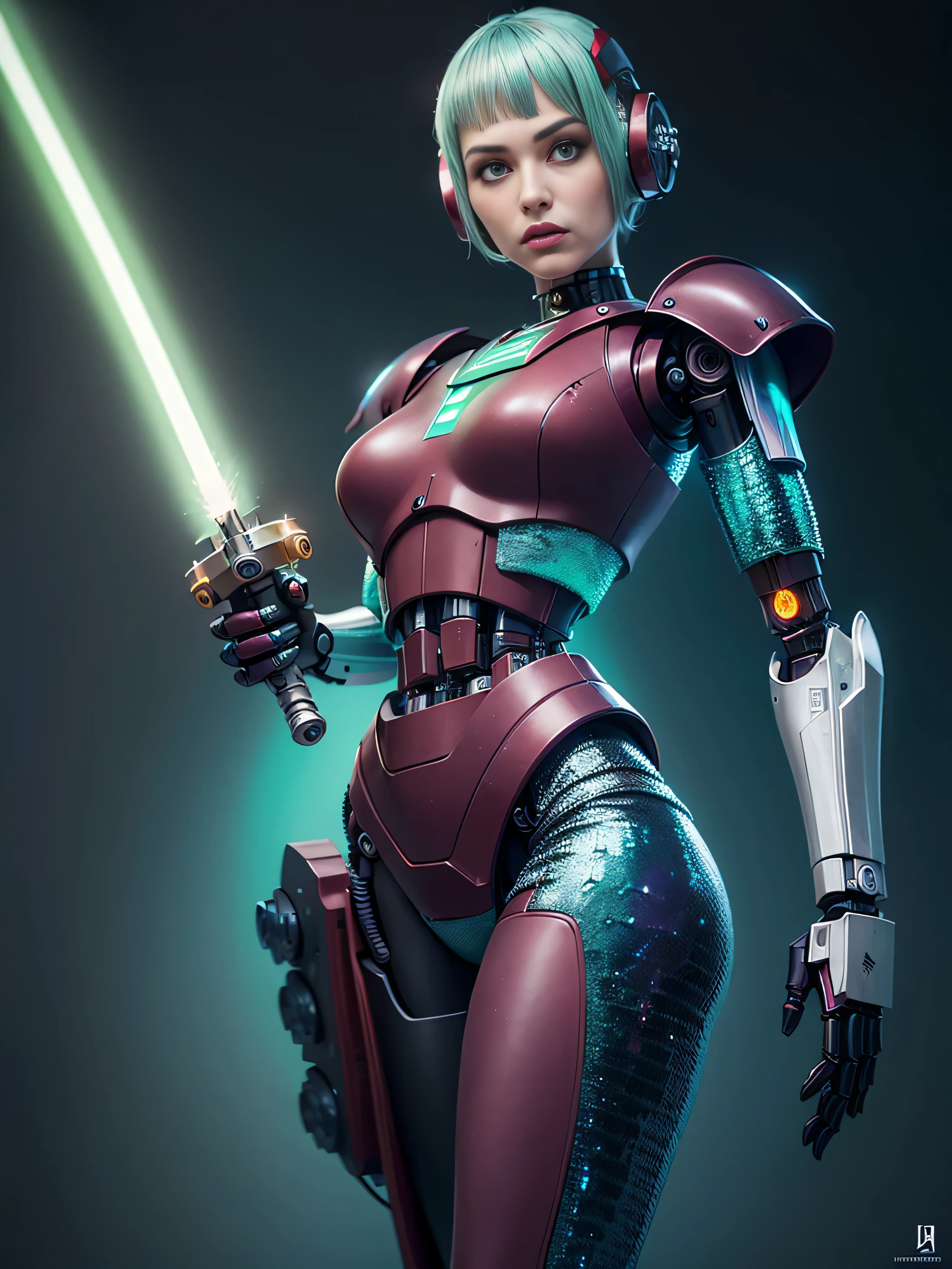 ((best quality: 1.5)) ((masterpiece: 0.8)), intricate details, sharp focus, professional, photorealistic, real life, ((((solo) feminine robot, dreadnaught, droid, (lightsaber, (mechanical arm, cyborg face))))) bright glow, dynamic pose, in the style of realistic and hyper detailed renderings, zbrush, hyper realistic oil, contoured shading, dark room, dark background, black background, solo, BREAK; BREAK ((((((narrow hips, skinny)))))), ((fujicolor)), BREAK; BREAK ((((futuristic (matte maroon scalemail armor, (wrist bayonet, iridescent seafoam))), photorealistic, hyper-realistic)))