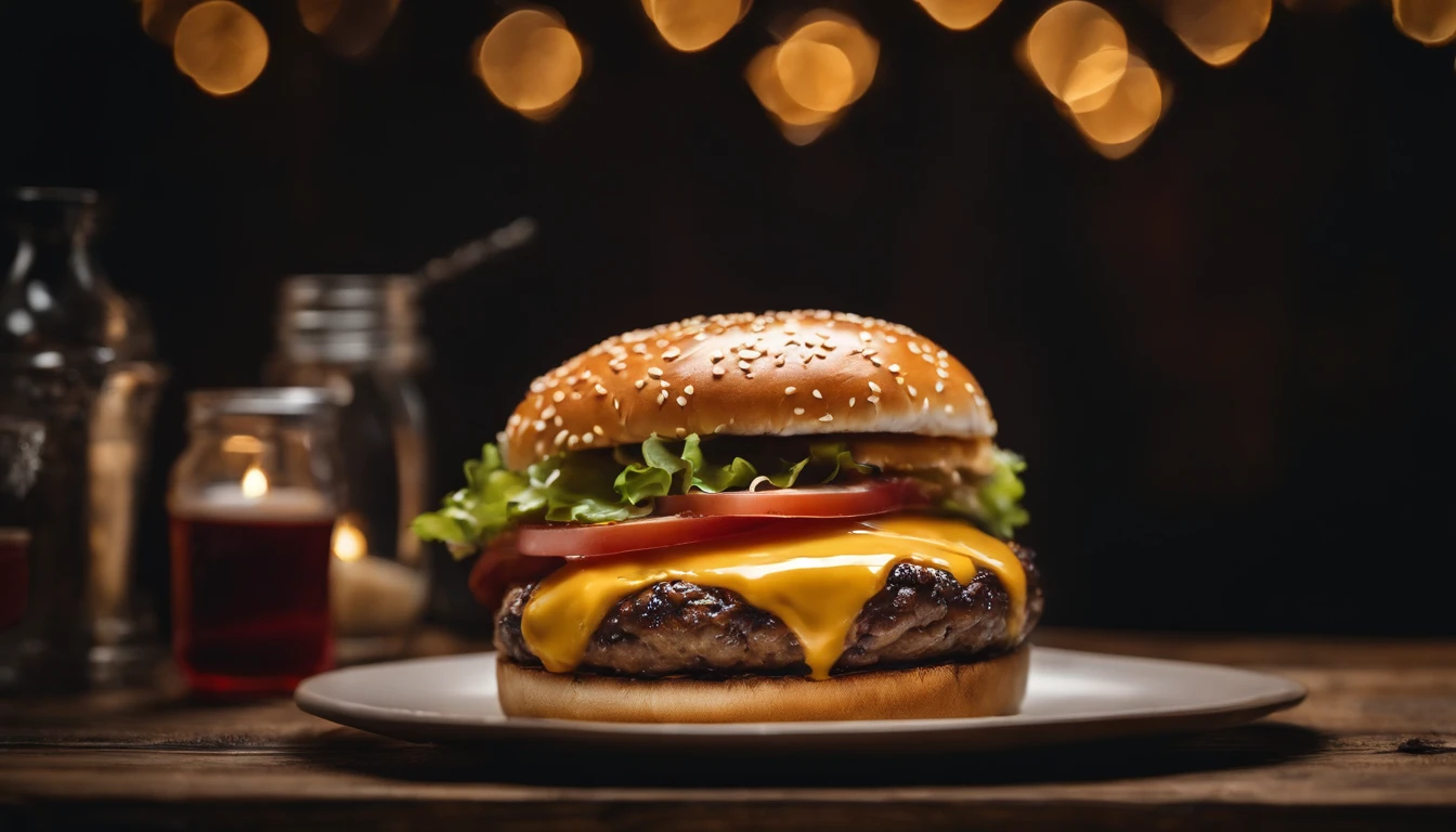 a top-down shot of a cheeseburger on a rustic wooden table, with sesame seeds sprinkled on the bun and a side of crispy golden fries, creating a classic American diner aesthetic