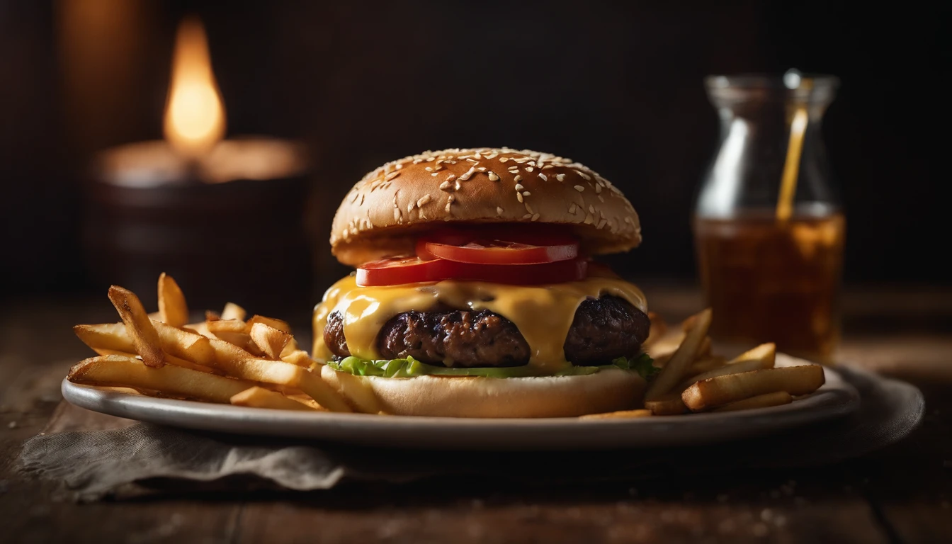 a top-down shot of a cheeseburger on a rustic wooden table, with sesame seeds sprinkled on the bun and a side of crispy golden fries, creating a classic American diner aesthetic