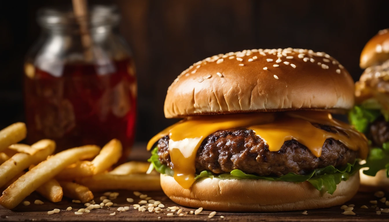 a top-down shot of a cheeseburger on a rustic wooden table, with sesame seeds sprinkled on the bun and a side of crispy golden fries, creating a classic American diner aesthetic