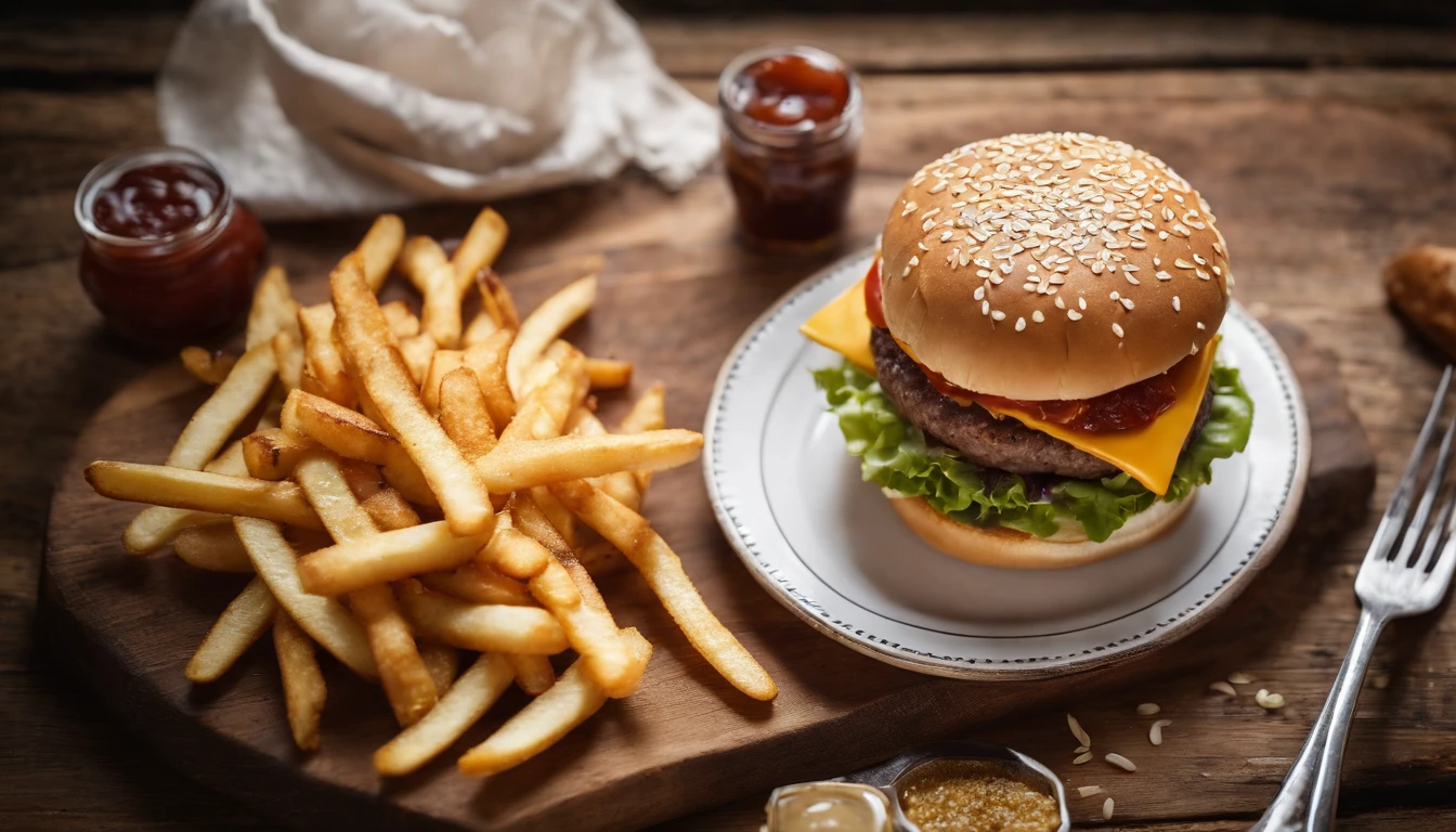 a top-down shot of a cheeseburger on a rustic wooden table, with sesame seeds sprinkled on the bun and a side of crispy golden fries, creating a classic American diner aesthetic