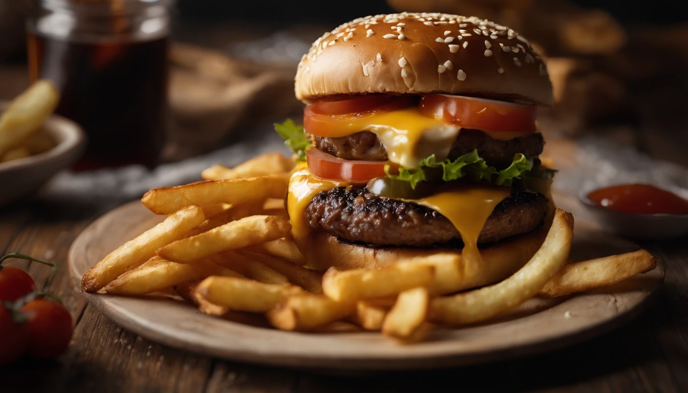 a top-down shot of a cheeseburger on a rustic wooden table, with sesame seeds sprinkled on the bun and a side of crispy golden fries, creating a classic American diner aesthetic