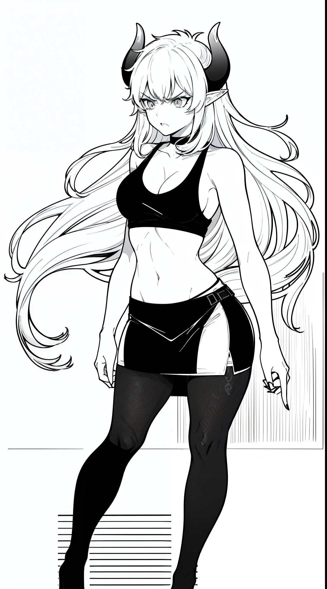 1girl,20s,solo,mature female,long hair, white hair,(((villain,psycho,psychopath, angry))),show belly,cleavage,horns,elf ears,scarf,(((black tank top,black pencil skirt,black pantyhoses))),standing,(white background, line drawing)