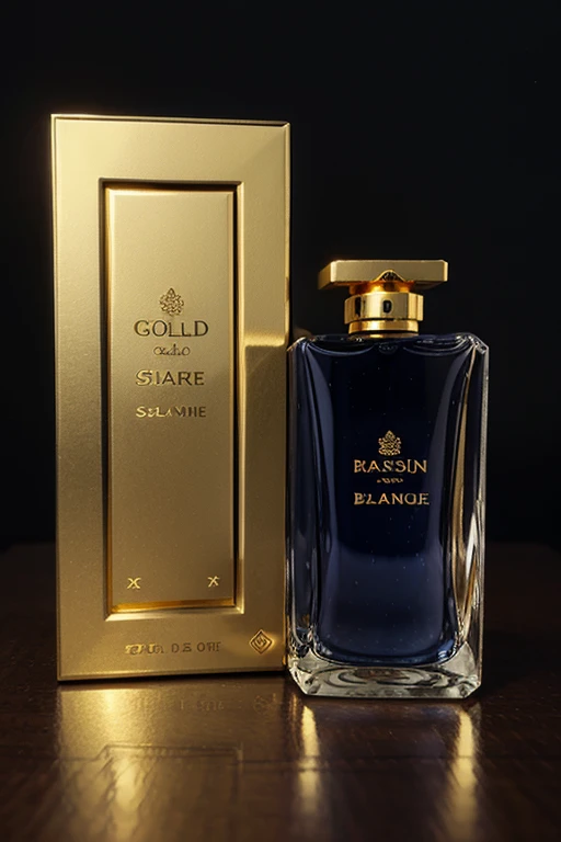 gold and Dark Blue decorative perfume 3d realistic bottle and Box