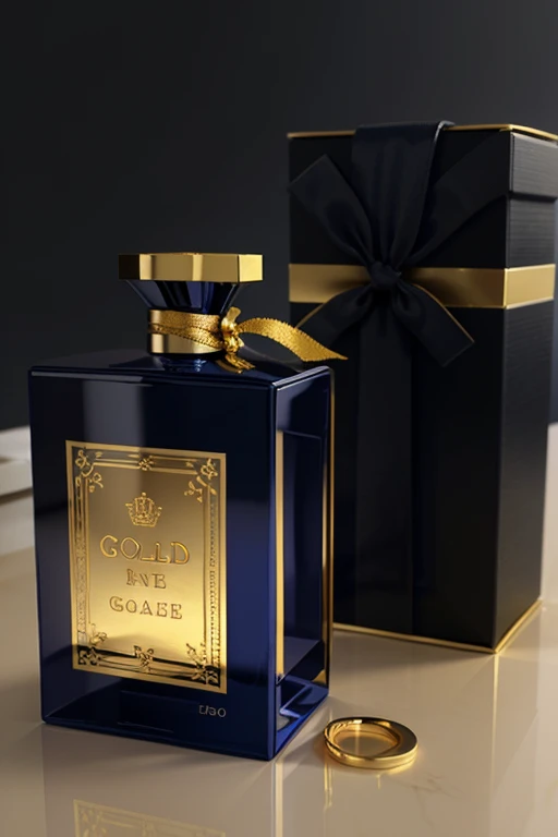 gold and Dark Blue decorative perfume 3d realistic bottle and Box