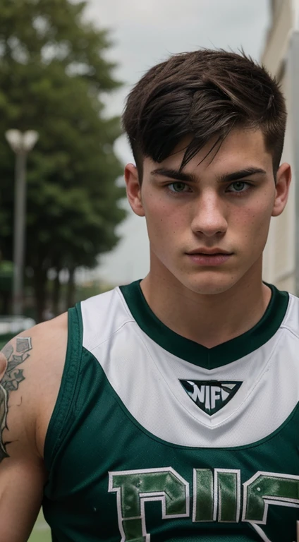 Young white man lacrosse player, 18 years old, military haircut, black hair, intense green eyes fixed, intense gaze, affiliated features, no facial hair, height 1.93, weight 90 kg, muscular build, broad shoulders, V-shaped body, tattoo in the arm, full body focus, completely hairless,
