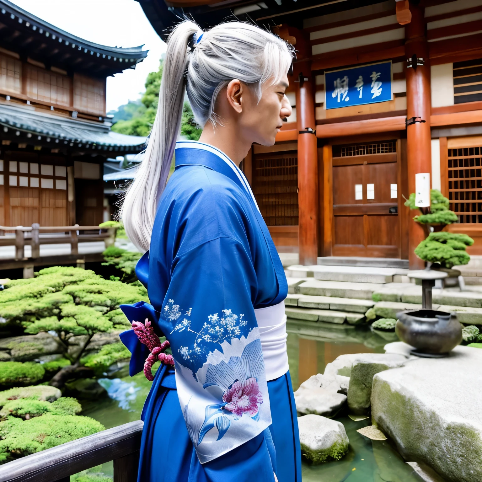 male people、Dragon God、Silver hair、poneyTail、tall、Blue kimono、Rin々Right、kyoto、shrines、Old townscape、建筑、flowers in background、minimal lighting