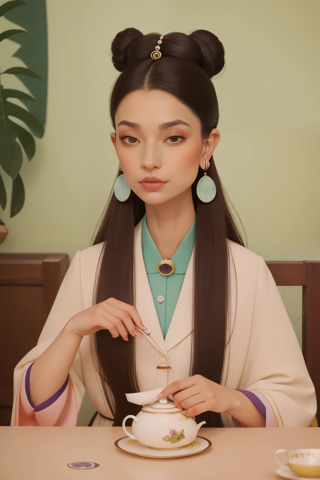 May 2023. Eccentric Tea Connoisseur with Asymmetrical Nose Piercing and Mismatched Earrings.
- Description: A tea connoisseur, around 35, showcases eccentricity with an asymmetrical nose piercing and mismatched earrings. Their expressive hazel eyes hint at a depth of knowledge, capturing the essence of May tea sessions in a Wes Anderson setting.
