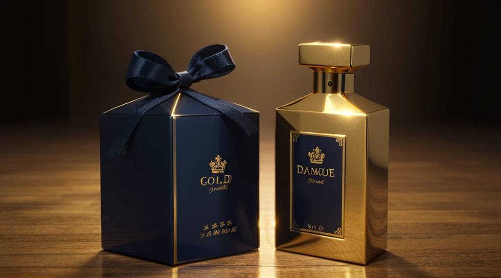 gold and Dark Blue decorative perfume 3d realistic bottle and Box