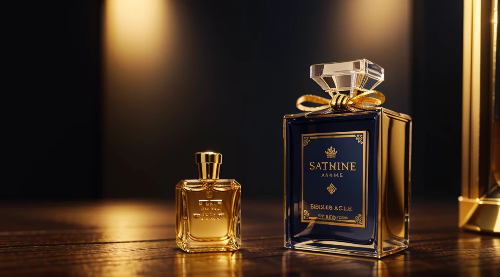 gold and Dark Blue decorative perfume 3d realistic bottle and Box