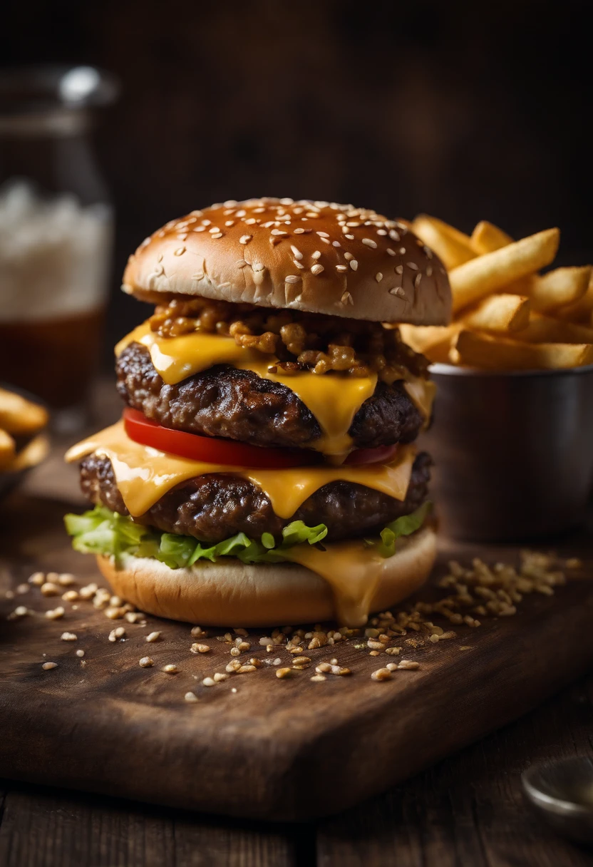 a top-down shot of a cheeseburger on a rustic wooden table, with sesame seeds sprinkled on the bun and a side of crispy golden fries, creating a classic American diner aesthetic