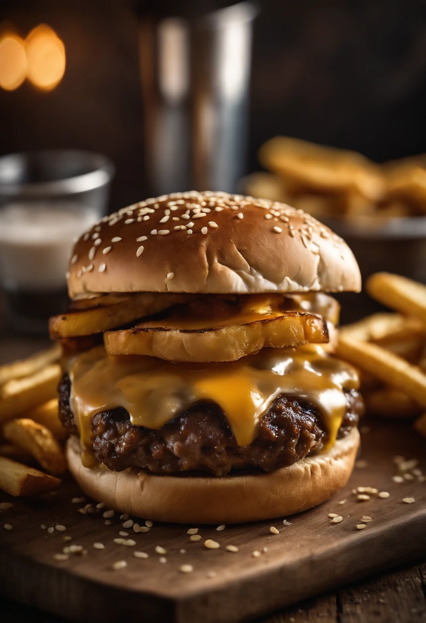a top-down shot of a cheeseburger on a rustic wooden table, with sesame seeds sprinkled on the bun and a side of crispy golden fries, creating a classic American diner aesthetic