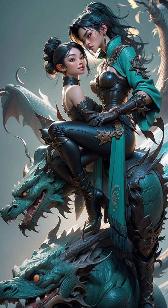01_Green wooden dragon. Chinese style. Sculpture. A wooden sculpture, next to a cool girl in a leather corset, long dark hair, high black leather jackboots, black gloves on her hands, and metal spikes on her shoulders. Rock star, super beauty against the background of a sculpture made of wood, a green dragon - in the Chinese style., 02_ Highly detailed textures, the highest quality (Girl with white skin, in black boots with spikes and a corset (cool-sexy). Side lighting, warm light, cold shadows. Chiaroscuro, contrasting shapes, volume, and depth of the image. Slight blur in the background Dust squeaks underfoot, an old wooden sculpture, and soft lighting., 03_Highest quality, cinematic rendering. The epic setting, Chinese-style sculpture, and one character - a girl. Contrast lighting, warm light, soft - deep cold shadows. Ocher, seppia, cold lateral reflex. (Dark leather, metal, and several colors decorate the composition). The highest 3D rendering, cinema, animation, masterpiece. Unrea, black hair, french braid, crossed bangs, long hair, ponytail, smile, open mouth, Surrealism, Color Field painting, chiaroscuro, depth of field, cinematic lighting, drop shadow, UHD, retina, masterpiece, anatomically correct, textured skin, super detail, high details, high quality, award winning, highres, 16k