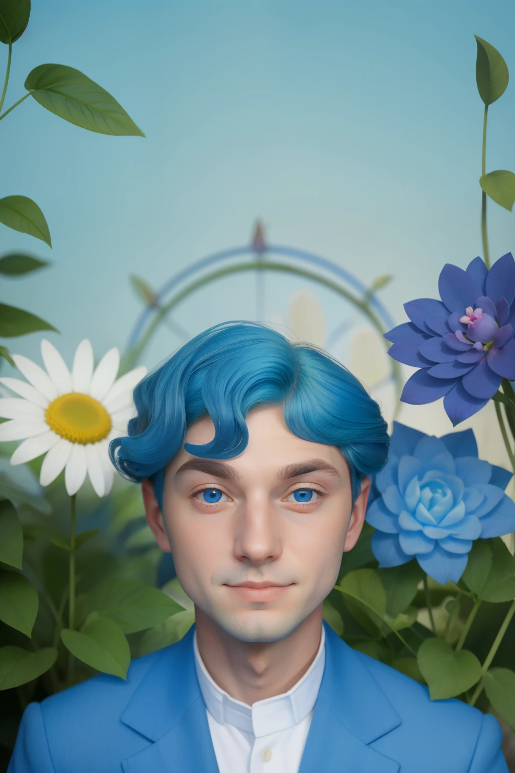 May 2023. Curious Gardener with Vibrant Blue Eyes and a Signature Dimple on the Right Cheek.
- Description: A gardener, aged 28, radiates curiosity with vibrant blue eyes. A signature dimple on the right cheek adds charm to their expression, embodying the spirit of May gardening in a Wes Anderson botanical haven.