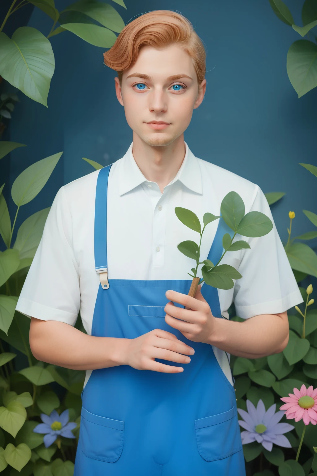 May 2023. Curious Gardener with Vibrant Blue Eyes and a Signature Dimple on the Right Cheek.
- Description: A gardener, aged 28, radiates curiosity with vibrant blue eyes. A signature dimple on the right cheek adds charm to their expression, embodying the spirit of May gardening in a Wes Anderson botanical haven.
