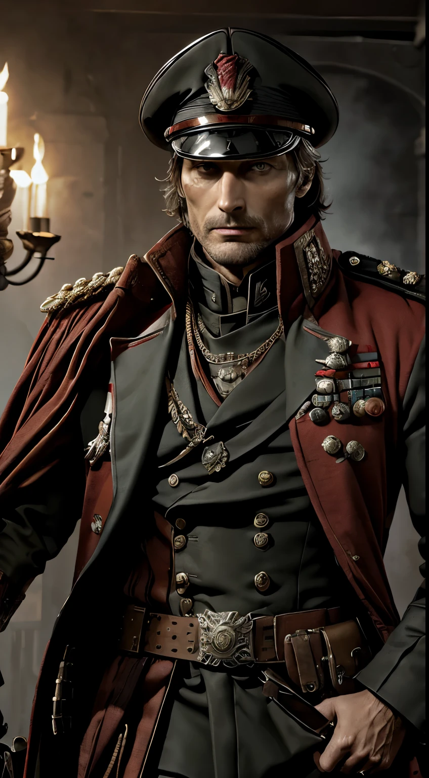 Generate a full-body, high-resolution image of actor Mads Mikkelsen in the Warhammer 40k universe, embodying a mercenary king persona. Clothe him in a richly adorned, red commissar-inspired outfit, emphasizing intricate details that reflect both regality and the harsh military aesthetics of Warhammer 40k. Capture Mads Mikkelsen's expression with a serious demeanor, and depict him smoking a cigar to enhance the rugged, battle-worn atmosphere. Prioritize impeccable image quality to ensure that every detail, from the ornate costume to the subtle nuances of his expression, is crisply rendered.