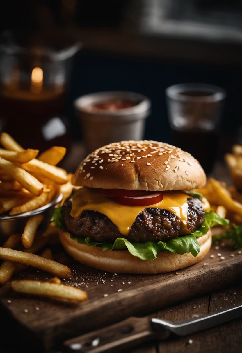 a top-down shot of a cheeseburger on a rustic wooden table, with sesame seeds sprinkled on the bun and a side of crispy golden fries, creating a classic American diner aesthetic