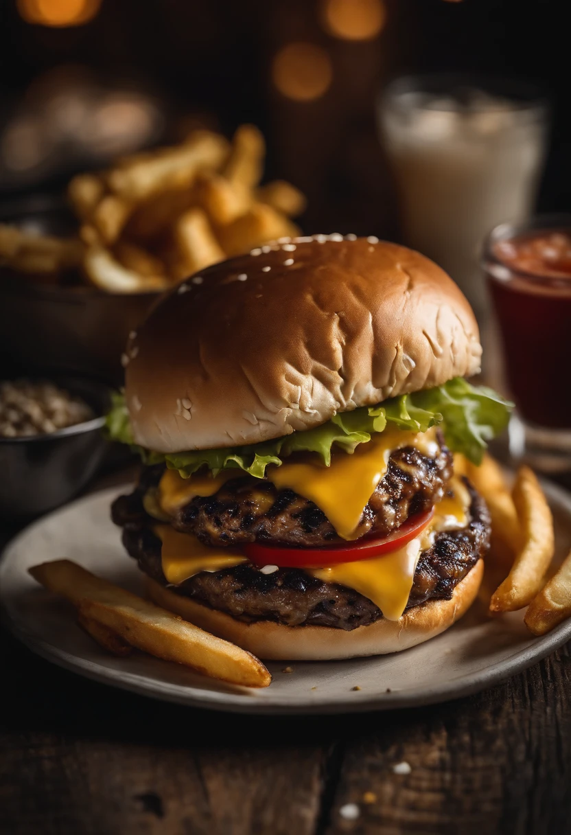 a top-down shot of a cheeseburger on a rustic wooden table, with sesame seeds sprinkled on the bun and a side of crispy golden fries, creating a classic American diner aesthetic