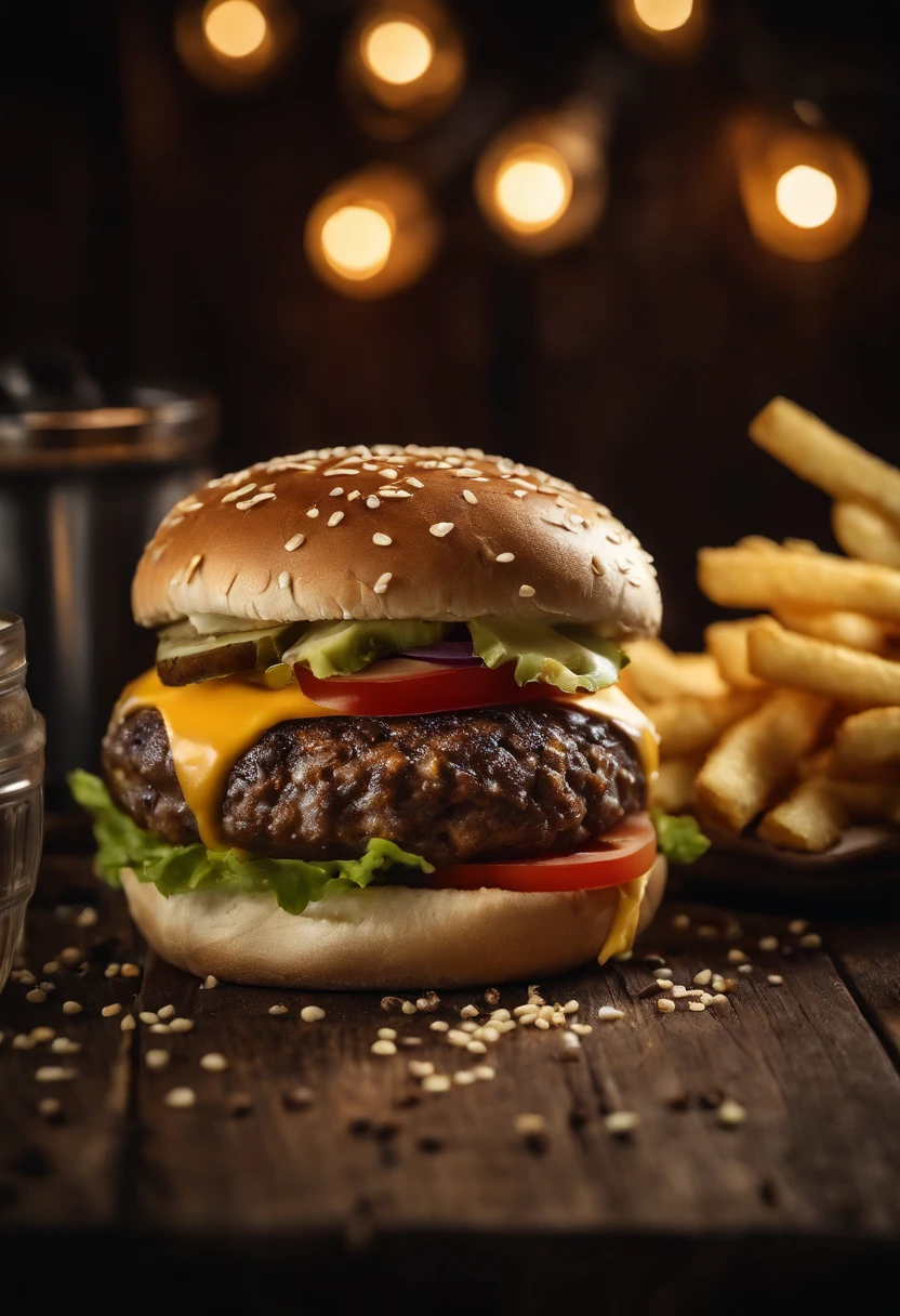 a top-down shot of a cheeseburger on a rustic wooden table, with sesame seeds sprinkled on the bun and a side of crispy golden fries, creating a classic American diner aesthetic