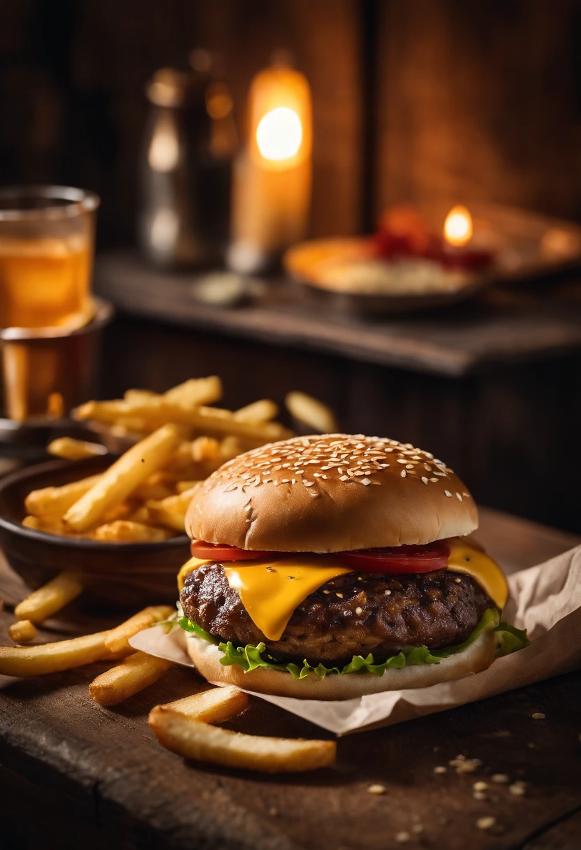 a top-down shot of a cheeseburger on a rustic wooden table, with sesame seeds sprinkled on the bun and a side of crispy golden fries, creating a classic American diner aesthetic