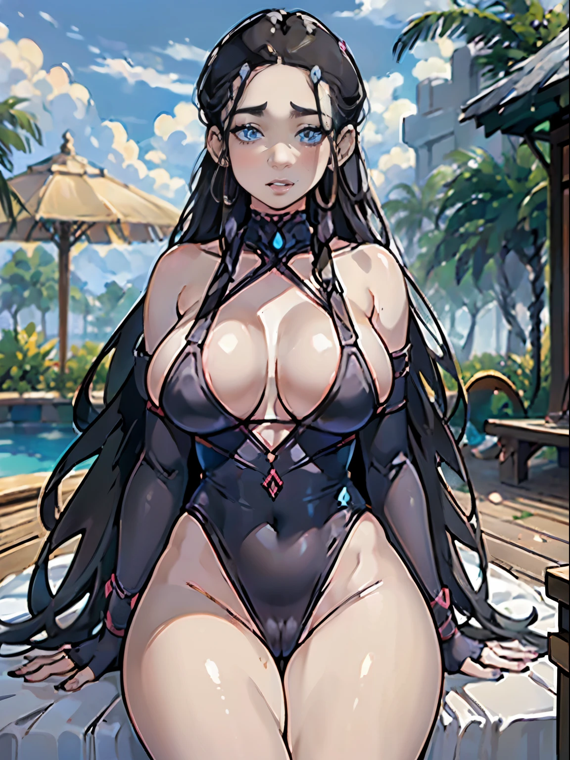 (katara laying down on a lounge chair, satisfied expression, suntanning, resort setting, poolside, ager, cleavage, big eyes, big lips, teen, freckles on face, ), skimpy micro bikini, cameltoe, pubic hair, hair loops, massive breasts, cleavage, breasts, hands behind head, spread legs, detailed face, afternoon, masterpiece, breast indentation, dark lipstick, eyeshadow, hyperrealism, heavy makeup, massive breasts and asreast sag), downblouse, nipslip,, massive breasts, m cup breasts,face and chest focus, suggestive pose, cowboy shot, thin legs