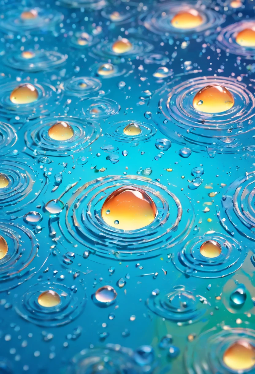 an abstract shot of water droplets on a vibrating surface, with multiple droplets creating unique and unpredictable patterns, showcasing the chaos and beauty that arises from the influence of vibration on water