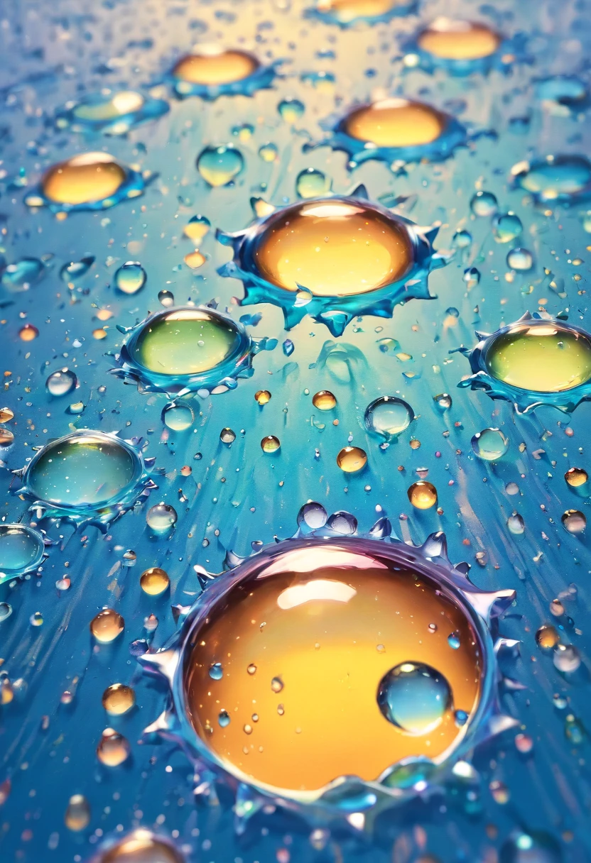 an abstract shot of water droplets on a vibrating surface, with multiple droplets creating unique and unpredictable patterns, showcasing the chaos and beauty that arises from the influence of vibration on water