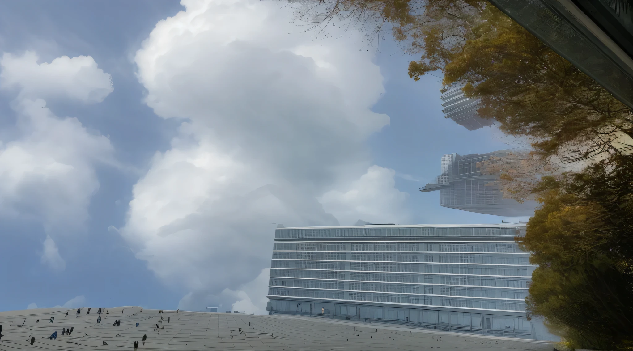 There are many buildings and blue sky in the background, view up, Look from the bottom up, Look from the bottom, Viewed from slightly below, Look from the bottom up, Look from the bottom up, sima bay perspective, sima bay, Low-angle wide-angle lens, view from ground, Captured from a low-angle, view from ground, sima bay to the sky, Look from the bottom to top
