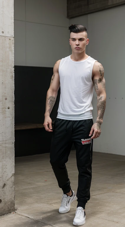 Young white man streetwear, 18 years old, mohawk haircut, black hair, intense green eyes fixed, intense gaze, affiliated features, no facial hair, height 1.90, weight 96 kg, muscular build, broad shoulders, V-shaped body, full body focus, completely hairless,