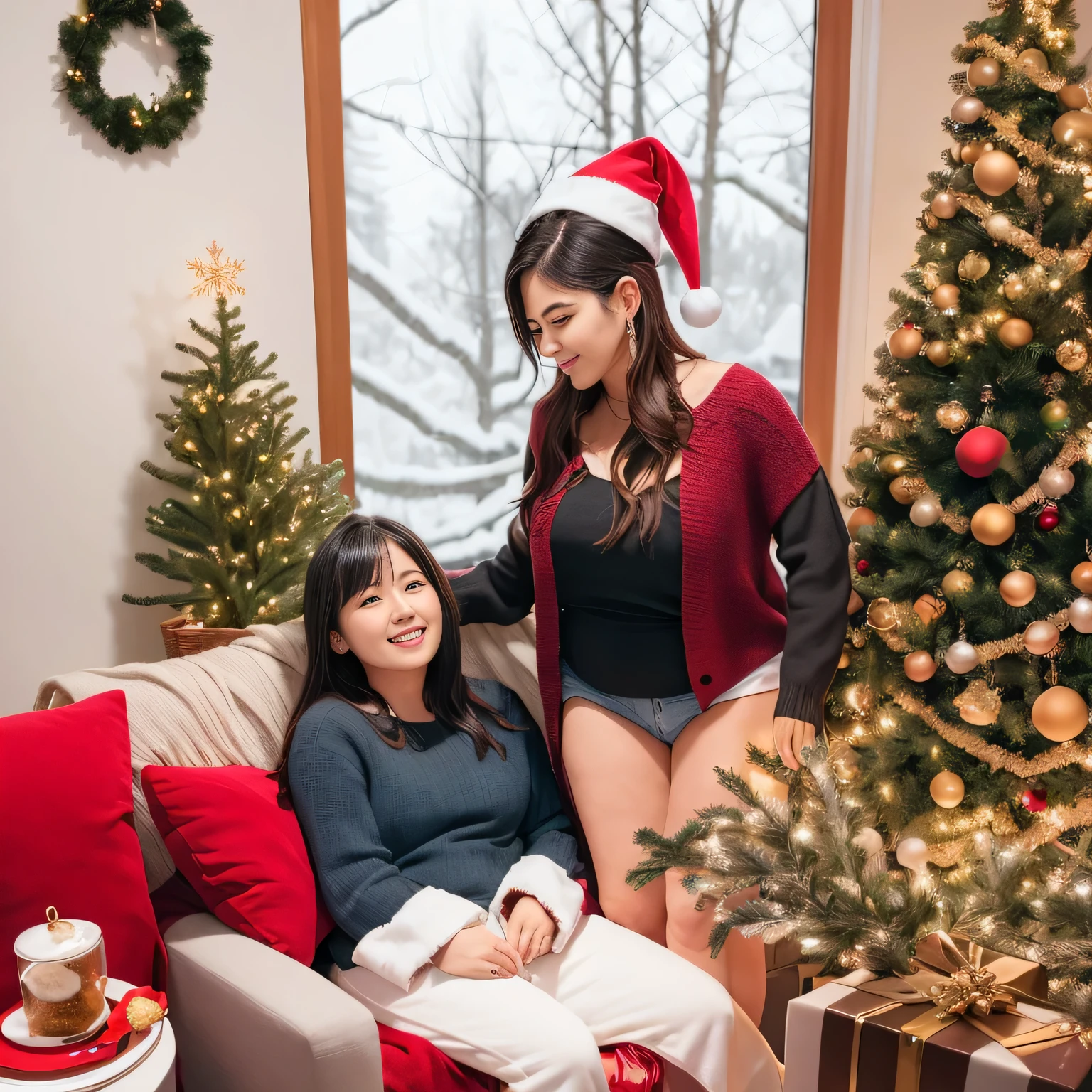 there is a woman sitting on a sofa in a room with a christmas tree, with a tree in the background, tree in the background, holiday vibe, Natal, holiday season, photo taken with Sony a7R camera,  Apresenta, 44 anos mulher, sentado ao lado do Papai Noel.