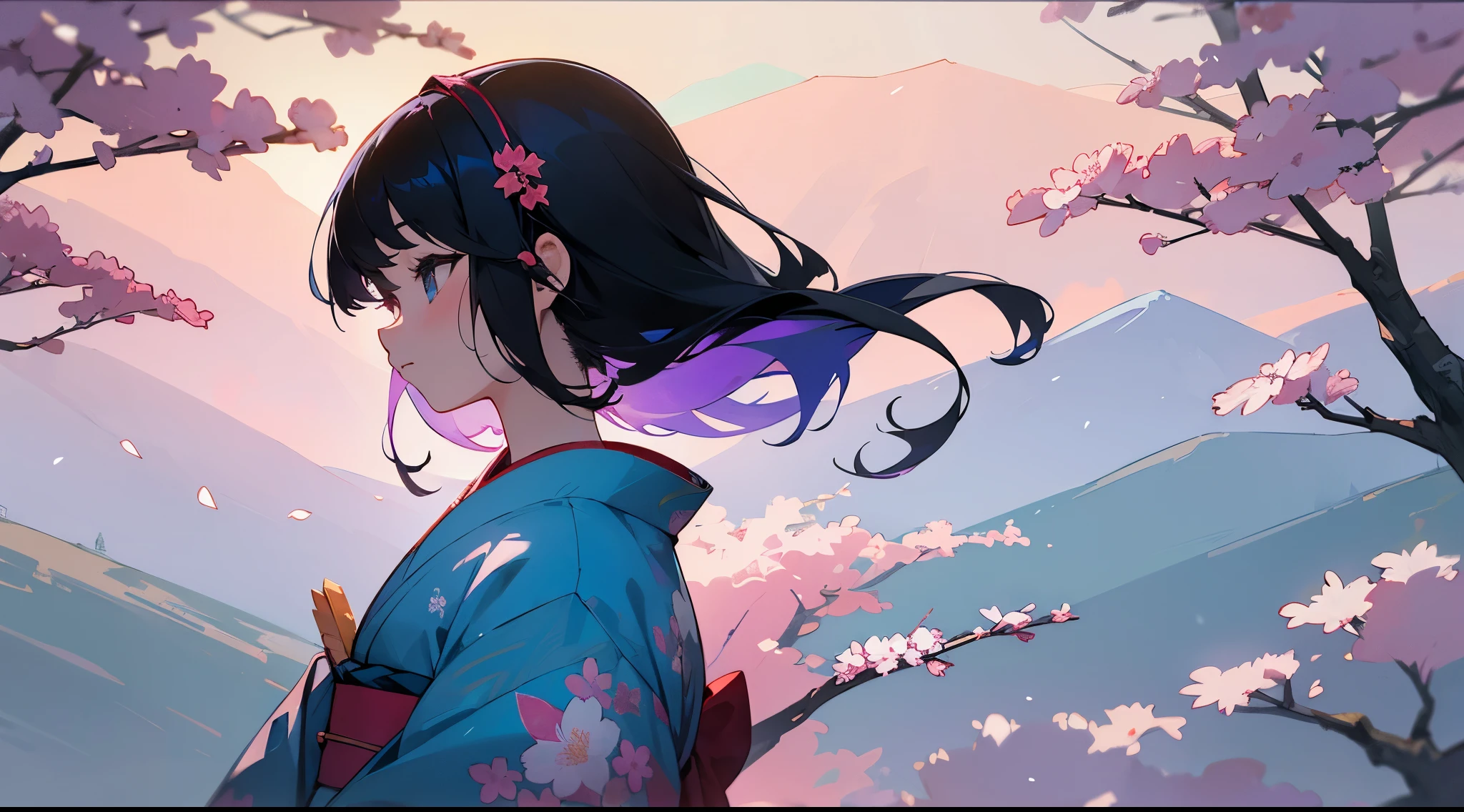 Background of fantastic mountains, sunrise, cherry blossoms, and cranes flying in the distance、Back lighting、Profile looking up and sunlight filtering through the trees。Kimono full of floral patterns、Girl with blue inner color, black hair, and light blue eyes。Close-up of the eyes。art noveau、