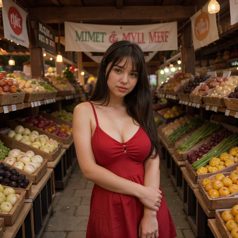 Full body Photo of a pretty young 1girl, in the marketplace, wearing a summer red dress, big cheeks, very long hair, black hair, side-swept bangs, side fring hair, medium size breasts, best quality, realistic, 8k,