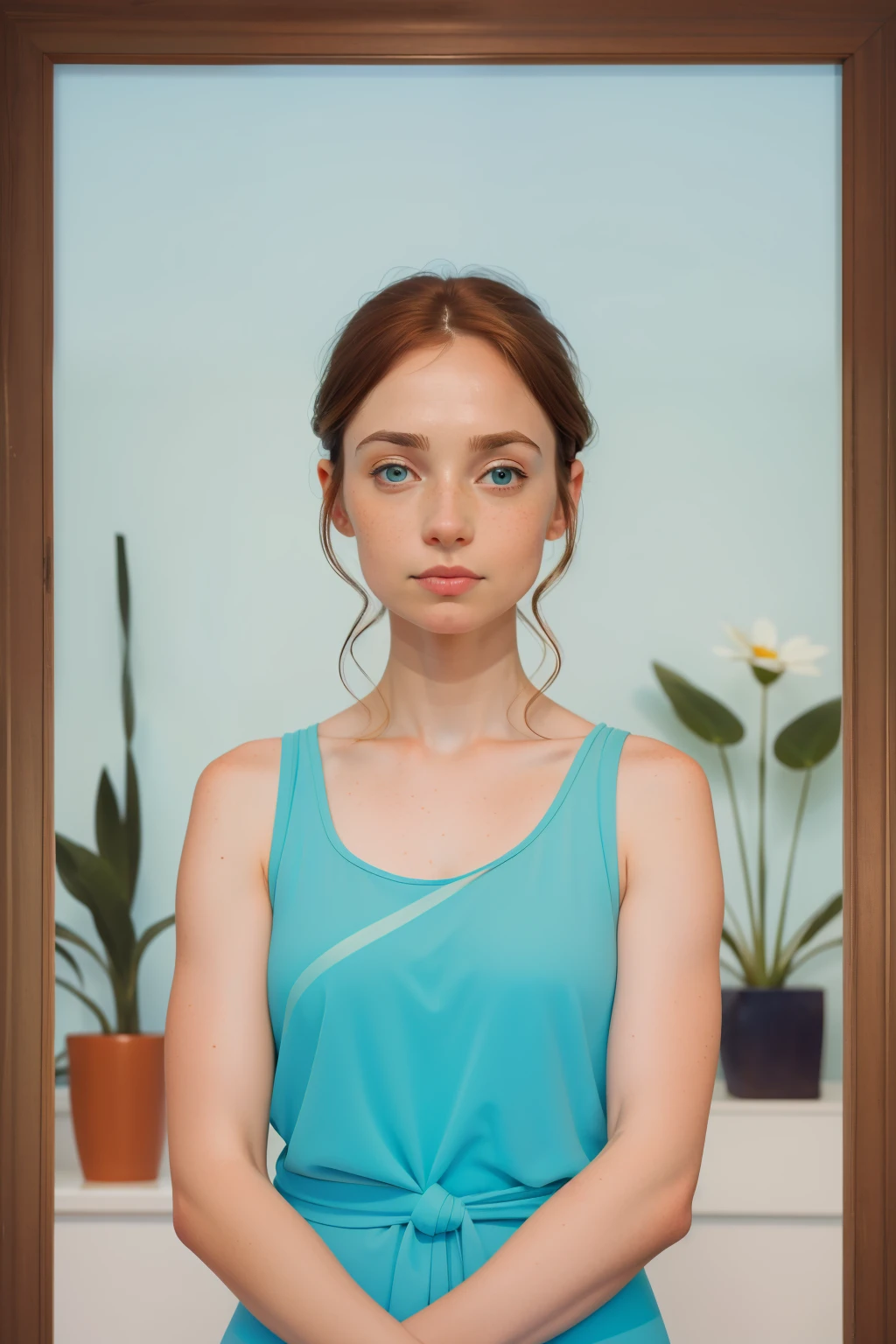 May 2023. Serene Yoga Instructor with Delicate Freckles and Sky-Blue Eyes.
- Description: A yoga instructor, around 32, emanates serenity, framed by delicate freckles and sky-blue eyes. The close-up reflects the calm and balance of May yoga sessions in a Wes Anderson-inspired studio.