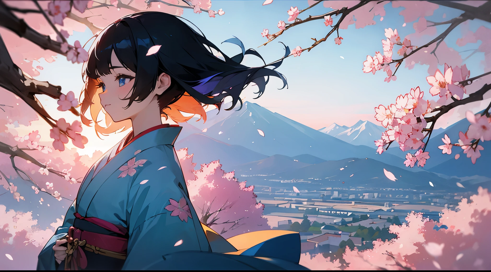 Background of fantastic mountains, sunrise, cherry blossoms, and cranes flying in the distance、Back lighting、Profile looking up and sunlight filtering through the trees。Kimono full of floral patterns、Girl with blue inner color, black hair, and light blue eyes。Close-up of the eyes。art noveau、