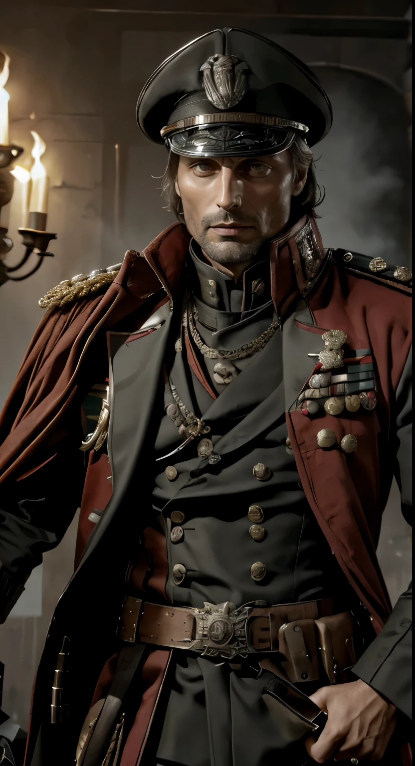 Gerar um corpo inteiro, high resolution image of actor Mads Mikkelsen in the Warhammer 40k universe, embodying a mercenary king personality. Vista-o com um vestido ricamente adornado, outfit inspired by the red commissioner, emphasizing intricate details that reflect both the royalty and harsh military aesthetic of Warhammer 40k. Capture Mads Mikkelsen&#39;s expression with a serious attitude, and portray him smoking a cigar to enhance the robustness, atmosfera desgastada pela batalha. Prioritize impeccable image quality to ensure every detail, from the ornate attire to the subtle nuances of her expression, is rendered sharply.