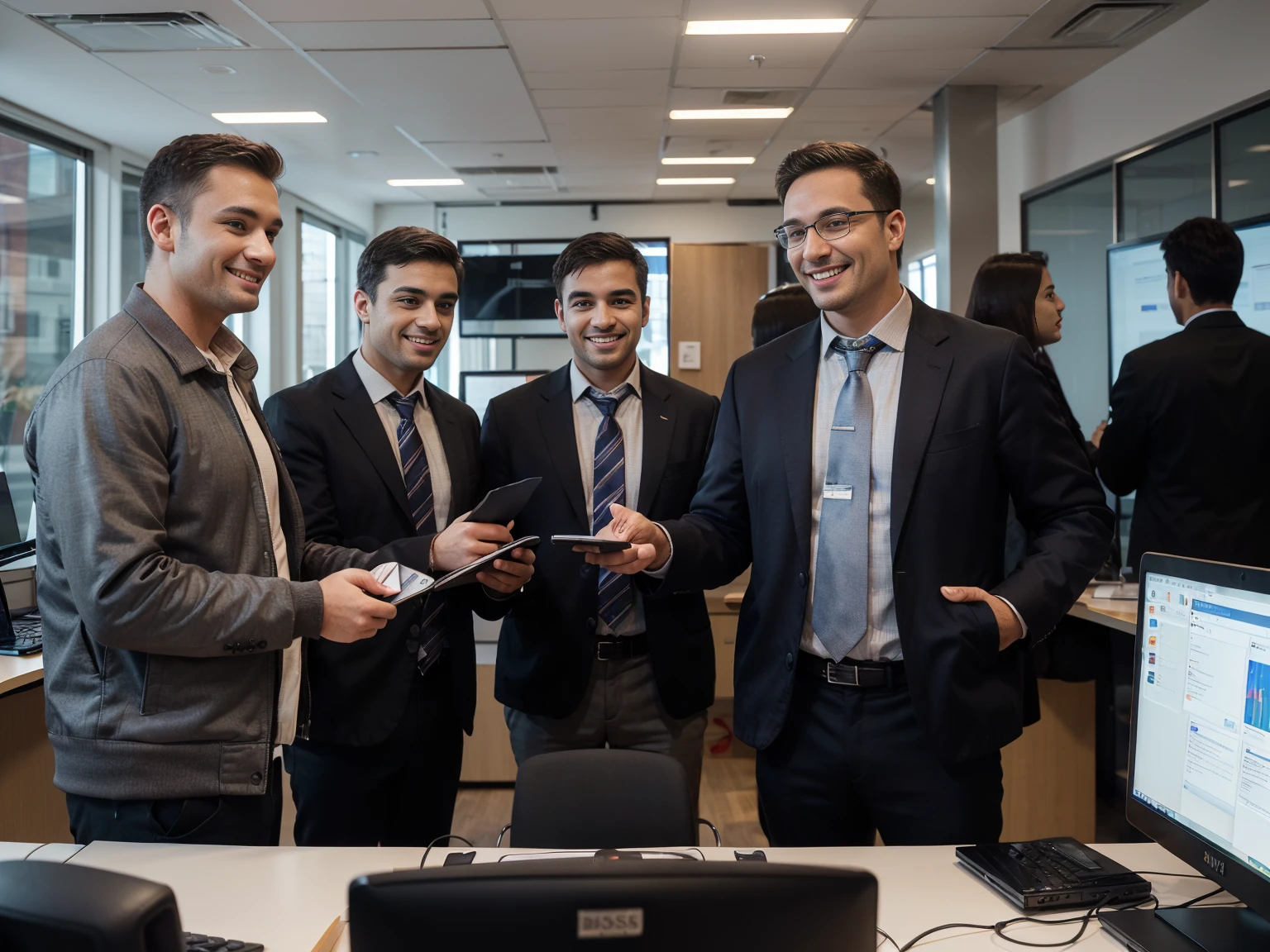 (business, office, company, work, meeting of a team of people (men in jackets and ties), company management, team, economics, meeting, project presentation, big screen, heated discussion with the boss)(smiling faces, satisfaction)(office equipment, computers , office equipment, modern buyro