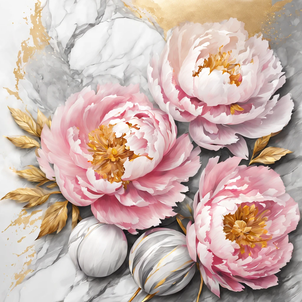 Pink peonies, volumetric watercolor, multi-layered, white-gray marble background, gold dust, threads, balls, beautiful, fine drawing, ultra realistic, abstraction, pop art, concept art, aesthetic
