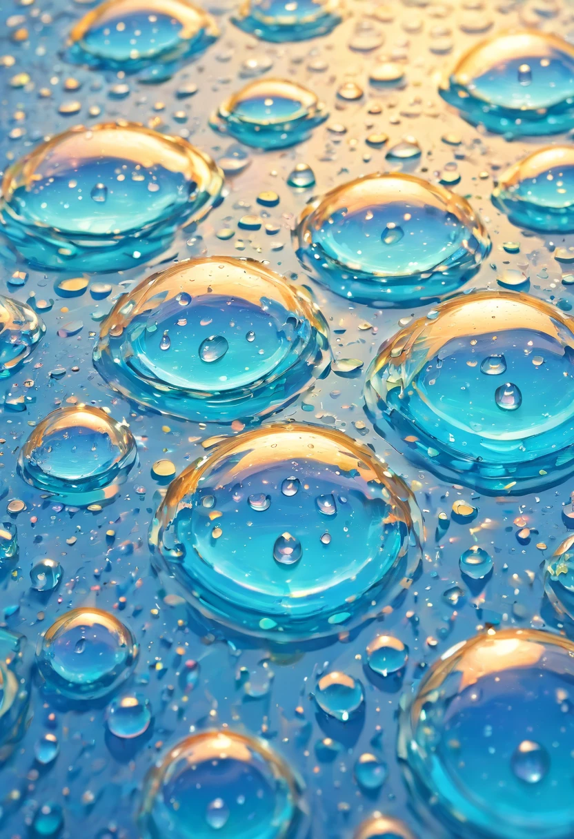 an abstract shot of water droplets on a vibrating surface, with multiple droplets creating unique and unpredictable patterns, showcasing the chaos and beauty that arises from the influence of vibration on water