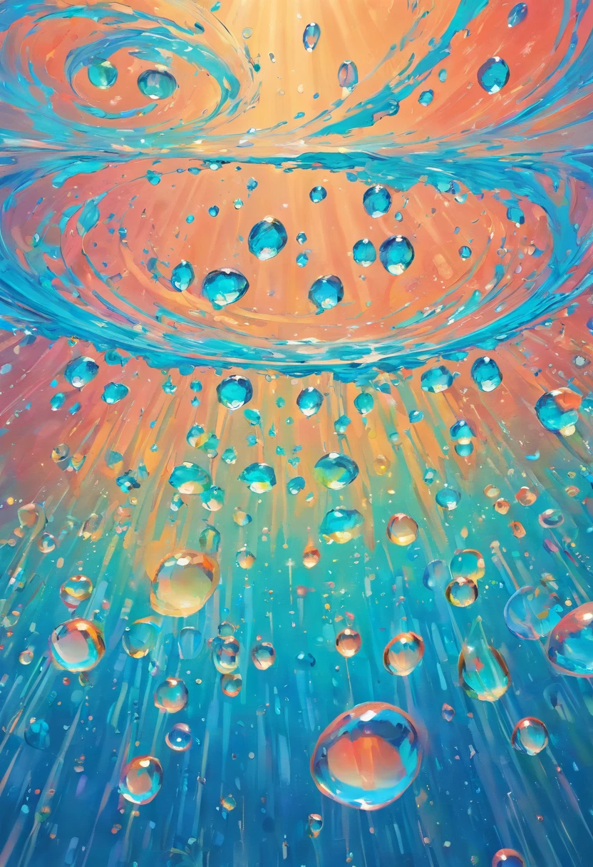 an abstract shot of water droplets on a vibrating surface, with multiple droplets creating unique and unpredictable patterns, showcasing the chaos and beauty that arises from the influence of vibration on water