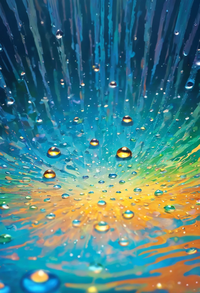an abstract shot of water droplets on a vibrating surface, with multiple droplets creating unique and unpredictable patterns, showcasing the chaos and beauty that arises from the influence of vibration on water