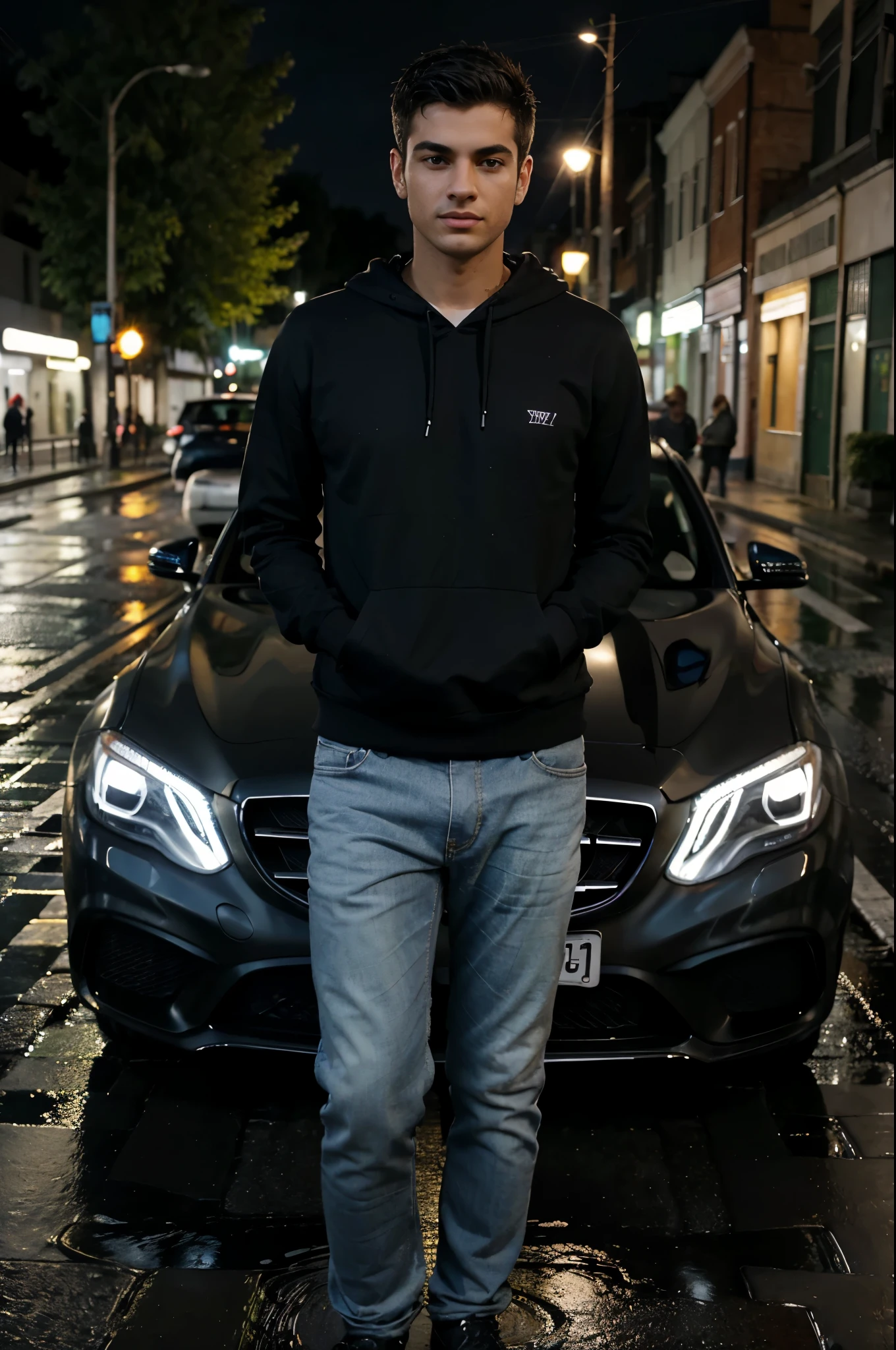 Descreva a cena de um jovem com capuz, wearing a black sweatshirt and jeans, standing on the sidewalk on a rainy night. He is looking at a shiny Mercedes AMG car passing on the road., Your admiration visible in your eyes. The light from the headlights reflects on the puddles of water around you, enquanto a chuva cai suavemente sobre ele. O som do motor potente ecoa no ar, misturando-se ao som da chuva. The boy remains motionless, captured by the elegance and speed of the car, dreaming of the day when you can be behind the wheel of such an impressive machine.