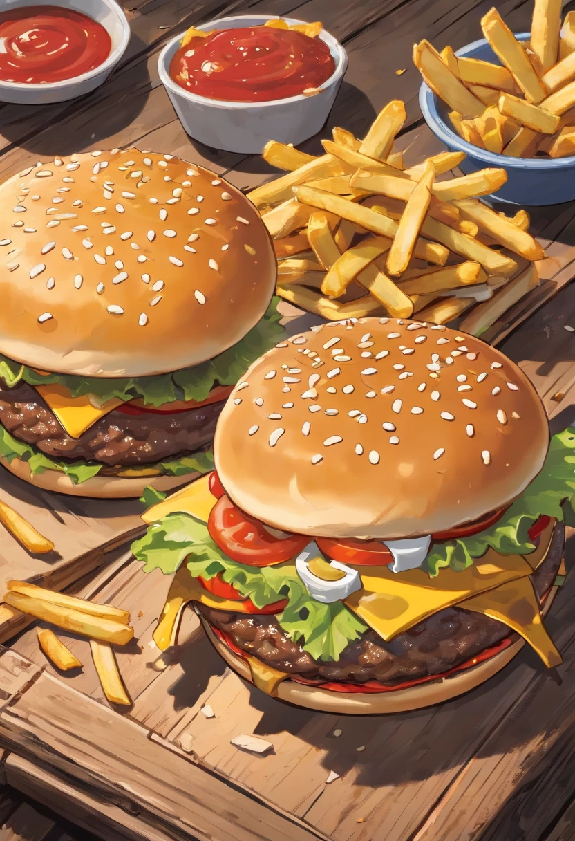 a top-down shot of a cheeseburger on a rustic wooden table, with sesame seeds sprinkled on the bun and a side of crispy golden fries, creating a classic American diner aesthetic