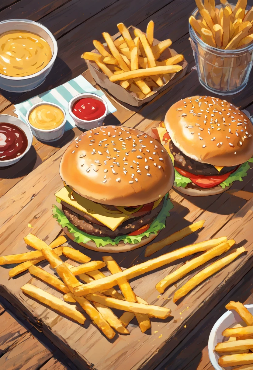 a top-down shot of a cheeseburger on a rustic wooden table, with sesame seeds sprinkled on the bun and a side of crispy golden fries, creating a classic American diner aesthetic