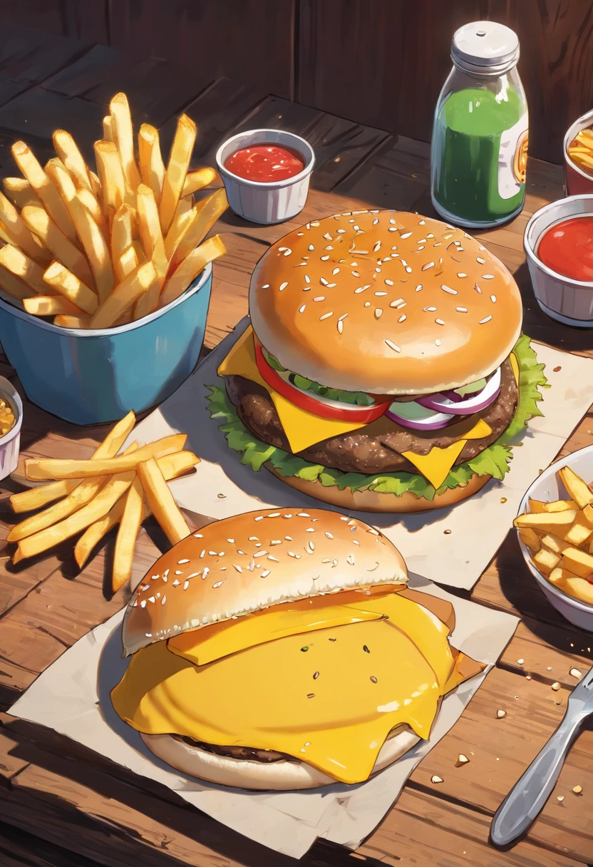 a top-down shot of a cheeseburger on a rustic wooden table, with sesame seeds sprinkled on the bun and a side of crispy golden fries, creating a classic American diner aesthetic