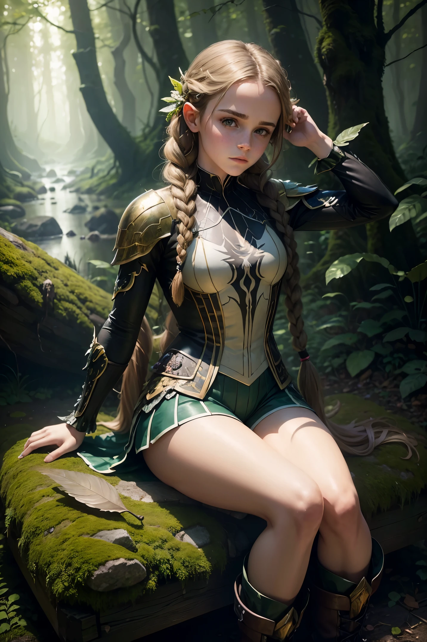 masterpiece. detailed oil painting of Emma Watson as a fairy, athletic. hair in braids, shorts for the summer. she is wearing a Detailed symbiote Venom costume, boots. night. in forest glade, light beams through tree leaves. long hair. sitting on stone bench incrusted jewels. background pet dragon.